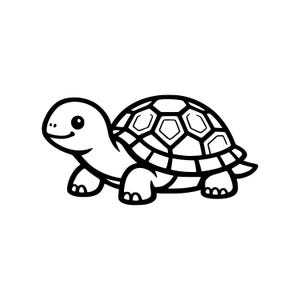 Puede incluir: Ilustración de dibujos animados en blanco y negro de una tortuga. La tortuga tiene una cara sonriente, cuatro patas y un caparazón estampado. La imagen es un diseño simple y limpio, perfecto para pegatinas u otras manualidades.