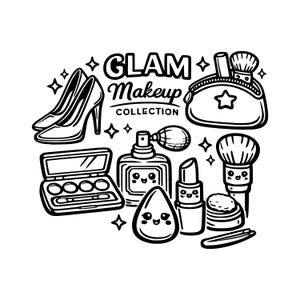 Op de afbeelding: Een zwart-wit lijntekening met de tekst GLAM Makeup COLLECTION omringd door hoge hakken, een make-uptas, een parfumflesje, een oogschaduwpalet, een lippenstift, een make-upspons en kwasten met schattige gezichtjes.