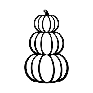 Può includere: Un'illustrazione in bianco e nero a linee di tre zucche impilate verticalmente a forma di torre. Le zucche sono raffigurate con contorni semplici, caratterizzate da un piccolo stelo sulla zucca superiore e segmenti arrotondati su ognuna.