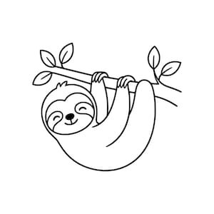 Puede incluir: Dibujo lineal en blanco y negro de un perezoso sonriente colgado de una rama de árbol con hojas. El perezoso se representa con una expresión feliz, la ilustración tiene un estilo de dibujos animados.