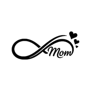 Könnte beinhalten: Schwarzes Unendlichkeitszeichen mit dem Wort "Mom" in Schreibschrift, begleitet von drei schwarzen Herzen. Das Design ist eine einfache, elegante Grafik, perfekt für einen Aufkleber oder ein Tattoo.