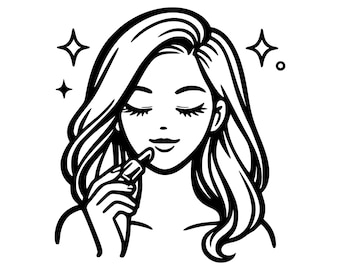 File di taglio SVG PNG "Donna che applica l'olio alle labbra", design digitale per Cricut.