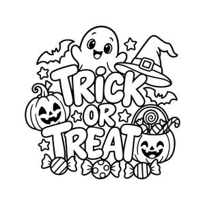 May include: A black and white line art illustration featuring the text TRICK OR TREAT in bold bubble letters. The design includes a smiling ghost, a witch hat, two jack-o'-lanterns, flying bats, small stars, and various wrapped candies.