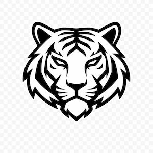 Puede incluir: Ilustración en blanco y negro de la cabeza de un tigre, de frente. El diseño destaca las rayas, la nariz y los ojos. Ideal para un logotipo o elemento gráfico.