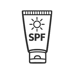Op de afbeelding: Een zwart-wit lijntekening-icoon van een tube zonnebrandcrème. De tube bevat een afbeelding van een zon met stralen boven de dikgedrukte, hoofdlettertekst SPF. Het ontwerp heeft een geribbelde dop aan de bovenkant en een klepsluiting aan de onderkant.