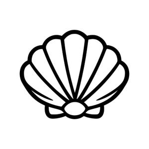 May include: A black and white illustration of a seashell. The shell is fan-shaped with a series of curved lines radiating from a central point. The outline is thick and bold, creating a simple yet striking design.