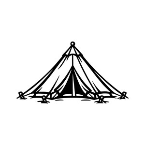 May include: A black and white graphic illustration of a conical tent. The design features bold lines depicting the tent structure, a central entrance opening, and several ground stakes securing the base of the fabric to the ground surface.