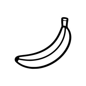 Puede incluir: Ilustración en blanco y negro de un plátano. El plátano es curvo con un grueso contorno negro y un tallo negro. Dos líneas paralelas recorren el centro del plátano.