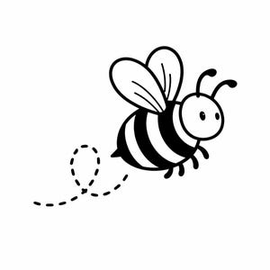 Könnte beinhalten: Eine schwarz-weiße Cartoon-Biene mit gestreiftem Körper, Flügeln und Fühlern. Die Biene fliegt mit einer gepunkteten Spur hinter sich her. Das Bild ist eine einfache, grafische Illustration.