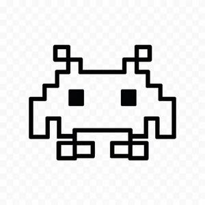 Op de afbeelding: Zwart-wit gepixelde alien-afbeelding. Het ontwerp heeft een retro videogame-esthetiek, met een blokkerige, symmetrische vorm en twee vierkante ogen. De alien heeft een duidelijke, herkenbare vorm.