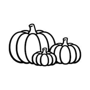 May include: A black and white line art illustration featuring three pumpkins of varying sizes arranged together. The design consists of bold, clean outlines that define the rounded shapes, vertical ridges, and stems of each individual pumpkin.