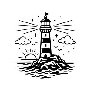 Può includere: Illustrazione in bianco e nero di un faro su un'isola rocciosa, con il sole che tramonta sullo sfondo. Il faro ha strisce bianche e nere, con un fascio di luce. Sono incluse anche nuvole, stelle e uccelli.