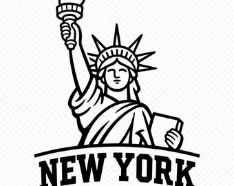 May include: A black and white illustration of the Statue of Liberty holding a torch and a tablet. The text "NEW YORK" is displayed in bold, capital letters below the statue, set on a curved banner.