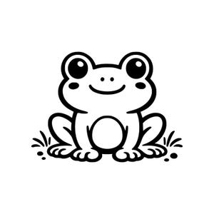 May include: A black and white cartoon illustration of a smiling frog. The frog has large, round eyes, a small smile, and is sitting on a patch of grass. The design is simple and clean, suitable for various applications.