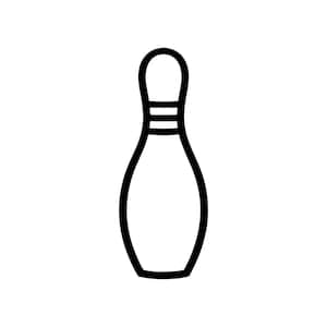 May include: A black outline illustration of a bowling pin on a white background. The pin has a rounded top with a loop, a narrow neck with two horizontal lines, and a wider body that tapers to a flat base. The design is simple and graphic.