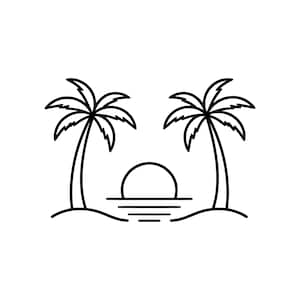 Pode incluir: Ilustração em preto e branco de uma cena de praia tropical. Duas palmeiras ladeiam um sol poente sobre o oceano. A cena inclui uma praia arenosa e o reflexo do sol na água.