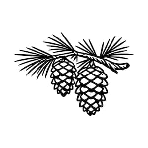 May include: A black and white line art illustration of a coniferous tree branch featuring two pine cones hanging from a twig with needle-like foliage. The design uses bold, clean lines to define the scales of the cones and the thin needles.