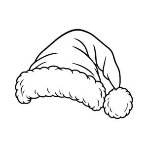 Könnte beinhalten: Eine schwarz-weiße Strichzeichnung einer Weihnachtsmütze. Die Mütze hat einen breiten, flauschigen Rand mit einer strukturierten, wolkenartigen Optik, eine weiche, spitz zulaufende Oberseite, die zur Seite fällt, und einen großen, runden, flauschigen Bommel.
