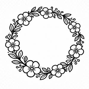 以下が含まれることがあります： 白黒の花輪のデザイン。円形のリースは、様式化された花、葉、小さなベリーで構成されています。花は5枚の花びらがあり、円の周りに均等に配置されています。葉は細長く尖っています。