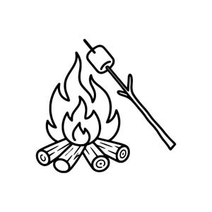 Könnte beinhalten: Schwarz-Weiß-Strichzeichnung eines Lagerfeuers mit Flammen und Holzscheiten. Ein Marshmallow wird auf einem Stock über dem Feuer geröstet. Das Bild ist eine einfache, grafische Darstellung von Camping und Outdoor-Aktivitäten.
