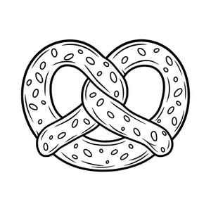 May include: A black and white line art illustration of a pretzel. The drawing features a classic knotted dough shape with distinct outlines and scattered oval markings across the surface to represent salt grains on the baked snack food item.