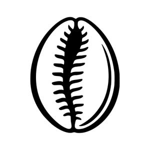 May include: A black and white graphic illustration of a cowrie shell. The design features a smooth, oval-shaped outer shell with a central vertical opening that displays a series of symmetrical, tooth-like ridges along both sides of the slit.