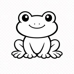 May include: A black and white cartoon frog illustration. The frog has large, round eyes, a smiling mouth, and is sitting with its legs spread. The image is a simple, clean design, perfect for children's products or educational materials.