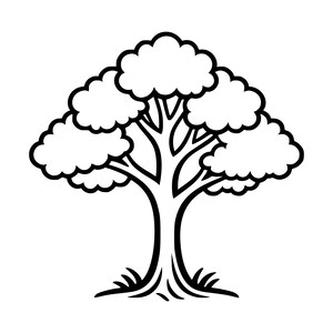 Può includere: Un'illustrazione in bianco e nero a tratto di un albero a foglie caduche con un tronco spesso e una chioma arrotondata a forma di nuvola. L'albero è raffigurato con una struttura simmetrica, con rami visibili e piccoli ciuffi d'erba alla base.