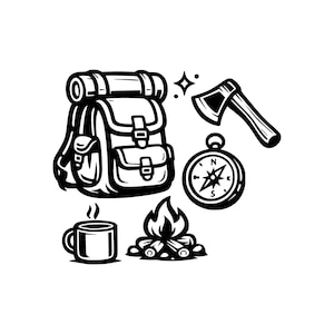 Op de afbeelding: Zwart-wit illustratie van kampeermateriaal. De afbeelding bevat een rugzak met een opgerolde slaapzak, een bijl, een kompas, een mok en een kampvuur. Het kompas heeft een sterontwerp. Vectorafbeelding.