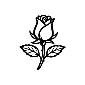 Könnte beinhalten: Eine Schwarz-Weiß-Strichzeichnung einer Rose. Die Rose steht in voller Blüte, mit detaillierten Blütenblättern und Blättern. Der Stiel ist lang und schlank, und die Blätter sind spitz und detailliert. Das Bild ist eine einfache, elegante Illustration.