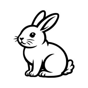 May include: A black and white line art illustration of a rabbit in a seated position. The rabbit is depicted in profile, facing left, with long ears, a small nose, whiskers, and a fluffy tail. The design features bold, clean outlines.