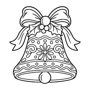 Puede incluir: Una ilustración de arte lineal en blanco y negro de una campana adornada con un gran lazo y bayas de acebo en la parte superior. La campana presenta intrincados patrones florales, motivos circulares y líneas onduladas, con un badajo visible.