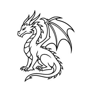 May include: A black and white line art illustration of a dragon in a seated position. The dragon features sharp horns, a long neck with visible scales, a single visible wing with membrane details, and a long tail with spikes along the back.