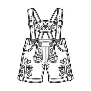 May include: A black and white line art illustration of lederhosen shorts featuring suspenders with buckles, a front bib with floral embroidery, and decorative leaf and flower patterns on the legs and pockets with button details on the sides.