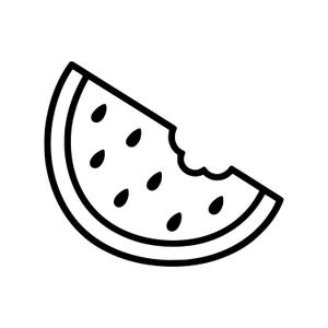 May include: A black and white illustration of a watermelon slice with a bite taken out. The watermelon has a black outline and black seeds. The rind is a curved shape, and the bite mark is on the right side.