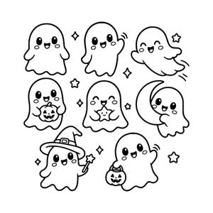 以下が含まれることがあります： 様々なポーズをとる可愛いお化けを描いた、8つの白黒線画イラストのコレクション。お化けは笑顔で、カボチャや星、三日月を持っていたり、魔女の帽子をかぶって杖を持っていたりする姿が描かれています。
