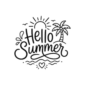 以下が含まれることがあります： 「Hello Summer」の文字が書かれた白黒のグラフィック。太陽、ヤシの木、波、鳥、ハートのデザインが施されており、夏のテーマを連想させます。