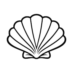 Może przedstawiać: Czarno-biała ilustracja liniowa przedstawiająca muszlę przegrzebka. Projekt charakteryzuje się symetrycznym kształtem wachlarza z wyraźnymi promienistymi żebrami i zakrzywioną dolną krawędzią, wykonaną w czystym, wyrazistym stylu graficznym.