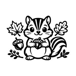 May include: A black and white line art illustration of a cartoon chipmunk holding an acorn. The chipmunk is surrounded by a maple leaf, an oak leaf, a separate acorn, and two small sprigs with berries, all rendered in a clean, bold graphic style.