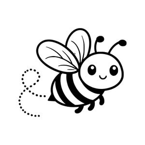 Peut inclure: Illustration de dessin animé en noir et blanc d'une abeille avec un corps rayé, des ailes et un visage souriant. L'abeille est représentée en vol, avec une traînée pointillée derrière elle.