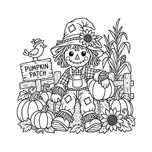 Puede incluir: Una ilustración de arte lineal en blanco y negro de un espantapájaros con un sombrero con un girasol, sentado en una paca de heno en un huerto de calabazas. Un pájaro pequeño se posa en un letrero que dice PUMPKIN PATCH. Maíz y calabazas rodean la figura.