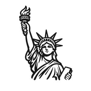 May include: Black and white line art illustration of the Statue of Liberty. The statue is depicted holding a torch aloft in her right hand and a tablet in her left hand. She wears a crown with spikes.