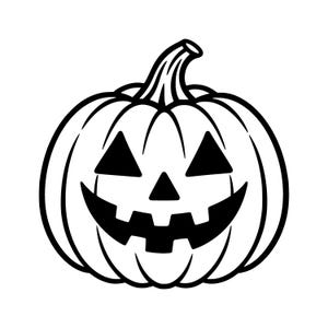 May include: A black and white graphic illustration of a jack-o'-lantern pumpkin. The design features a rounded pumpkin shape with a curved stem at the top, two triangular eyes, a small triangular nose, and a wide, jagged, toothy grin.