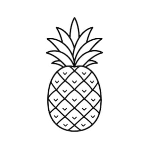 Peut inclure: Dessin au trait noir et blanc d'un ananas. L'ananas a un corps texturé avec des segments en forme de losange, chacun avec une petite feuille pointant vers le bas. Le dessus présente une couronne de feuilles épineuses.