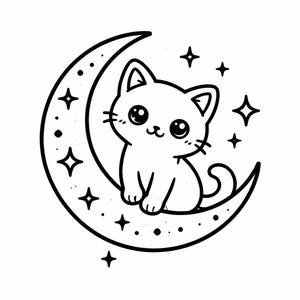 Pode incluir: Ilustração em preto e branco de um gato fofo sentado em uma lua crescente. O gato tem olhos grandes e bigodes. Estrelas cercam a lua, criando um design celestial caprichoso.