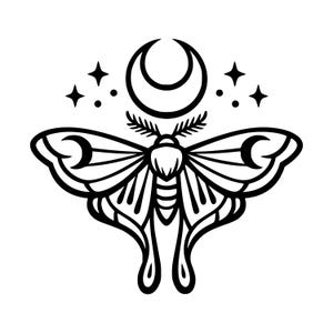May include: A black and white line art illustration of a moth with feathery antennae and crescent moon shapes on its wings. Above the moth is a crescent moon flanked by four-pointed stars and small circular dots, all rendered in a bold graphic style.