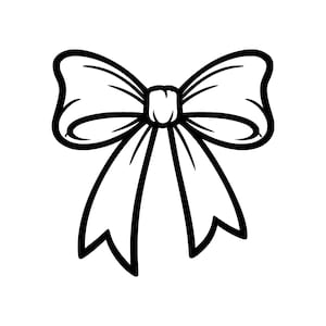 Op de afbeelding: Een zwart-wit illustratie van een strik. De strik heeft twee lussen aan elke kant en twee lange, puntige uiteinden. Het ontwerp is eenvoudig en elegant, geschikt voor diverse knutselprojecten of decoratieve doeleinden.