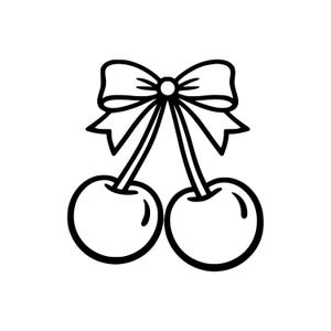 May include: A black and white illustration of two cherries, each with a stem, tied together with a bow. The cherries are round, and the bow is detailed with multiple loops and folds.