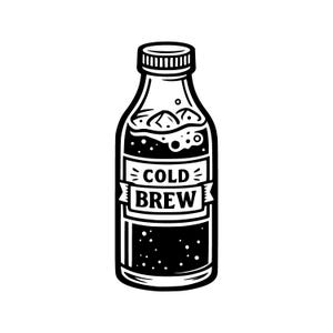Peut inclure: Illustration en noir et blanc d'une bouteille de café infusé à froid. La bouteille a un bouchon noir et une étiquette qui dit "COLD BREW". Le contenu de la bouteille semble être du café noir avec des glaçons.