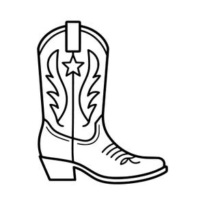 Può includere: Illustrazione in bianco e nero di uno stivale da cowboy. Lo stivale ha una punta affilata, un tacco e cuciture decorative. Una stella è centrata sullo stelo dello stivale, con disegni a forma di fiamma su entrambi i lati. La parte superiore dello stivale ha una linguetta.